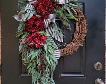 Extra Large Eucalyptus Wreath, Winter Wreath, Red Hydrangea Wreath, Eucalyptus and Hydrangea Wreath, Gift