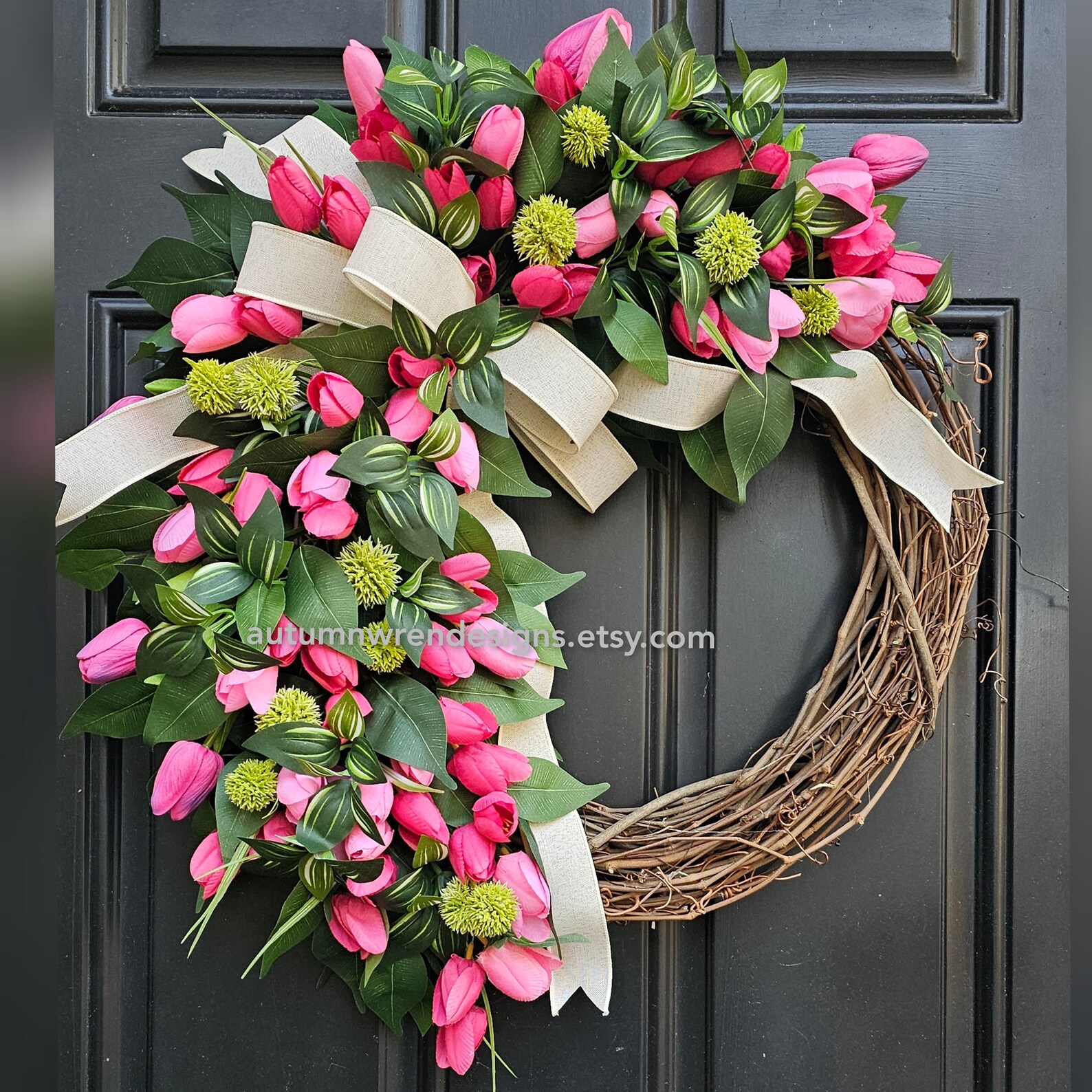 Pink Tulip Wreath, Spring Door Decor, Cream Bow Accent, - Etsy