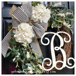 YEAR ROUND Farmhouse Hydrangea Wreath with Olive Leaves and Black Striped burlap bow, Everyday Wreaths for Front Door, Gift