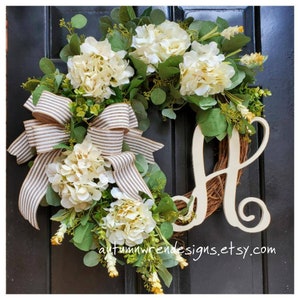 SPRING Year Round Cottage Garden Wreath with Eucalyptus and Large Cream Hydrangeas, Vintage greenery wreath for door, Gift