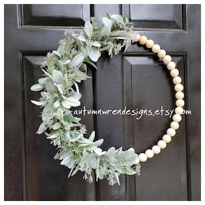 20 inch Year Round Wood bead HOOP Wreath, Hoop Wreath with Lambs Ear and Purple Lavender, Hoop Wreath for Front Door,  Wreaths, Gift