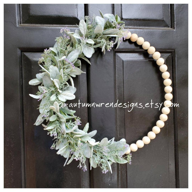 20 inch Year Round Wood bead HOOP Wreath, Hoop Wreath with Lambs Ear and Purple Lavender, Hoop Wreath for Front Door, Wreaths, Gift image 1