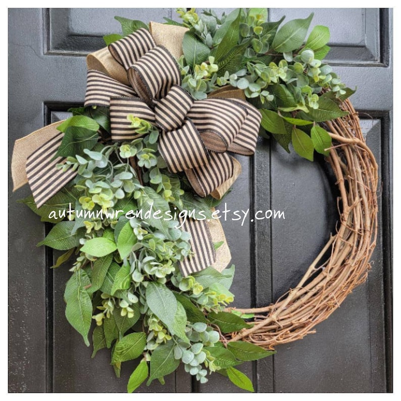 Greenery Wreath Year Round, LARGE 21 Eucalyptus Wreath for Front Door, Everyday Wreath, Year Round Farmhouse Wreath with Black Striped Bow image 2