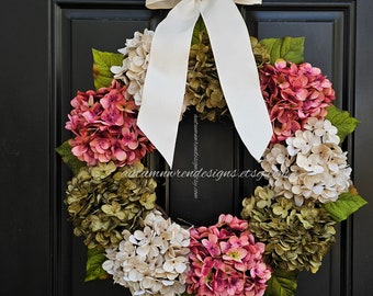 Large Spring Hydrangea Wreath, Pink Front Door Wreath, Green and Cream Hydrangea Wreath, Mothers day, Year round door wreath with Bow, Gift