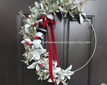 Modern Winter Wreath with Red Berries,  Holiday Door Wreath, Modern Christmas  Lambs Ear HOOP Wreath, Red Berries hoop wreath, Gift