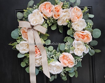 Large Spring Hydrangea Wreath, Eucalyptus door wreath, Cream and Coral Peach Wreath,  Large Spring Greenery wreath, Mothers day gift