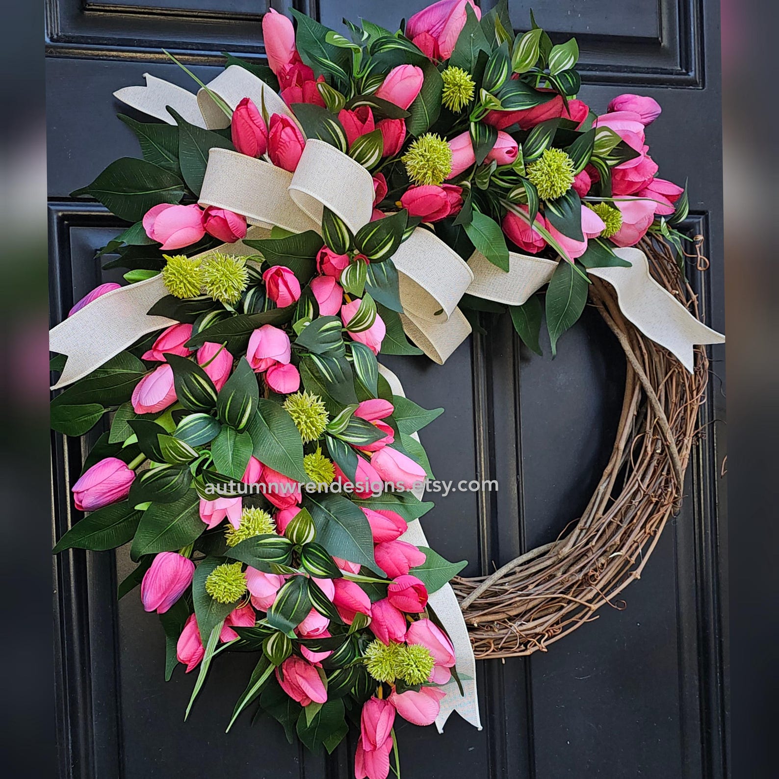 Pink Tulip Wreath, Spring Door Decor, Cream Bow Accent, - Etsy
