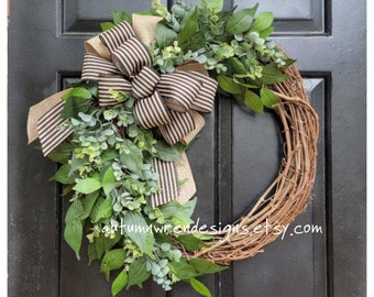 Greenery Wreath, Large Eucalyptus Wreath for Front Door, Everyday Wreath, Year Round Farmhouse Wreath, Wreath Black Striped Bow, Gift