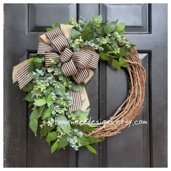 Greenery Wreath, Large Eucalyptus Wreath for Front Door, Everyday Wreath, Year Round Farmhouse Wreath, Wreath Black Striped Bow, Gift