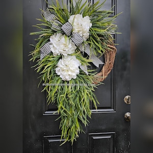 Extra Large 26x32 Year round Greenery Wreath, Spring Home Decor Door Wreath with Creamy white Hydrangeas and Black striped bow