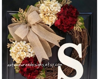 Year Round Door Wreath Cranberry Red and Cream Hydrangeas with Monogram,  Outdoor Door Wreath