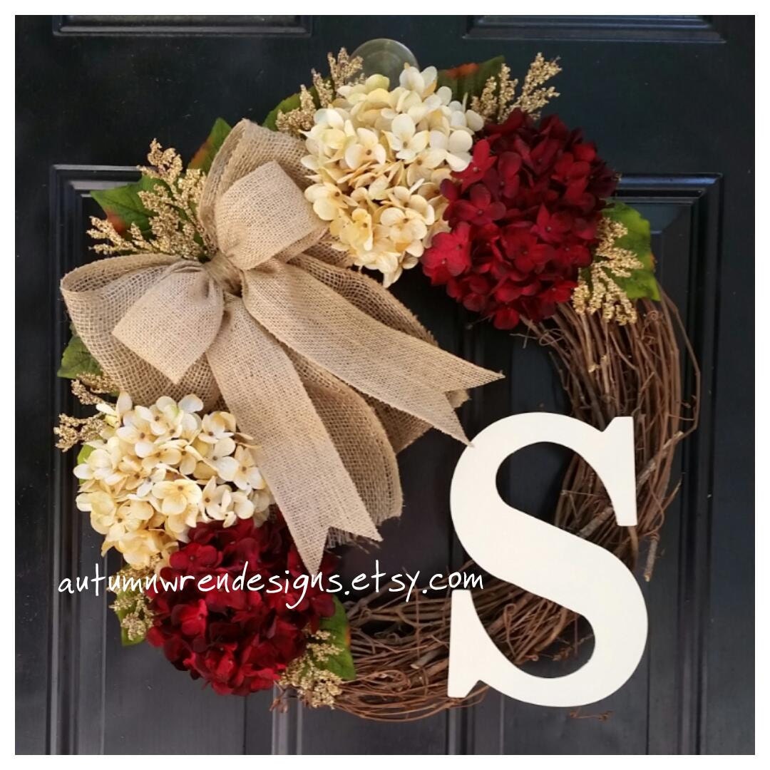 Year Round Door Wreath Cranberry Red and Cream Hydrangeas with Monogr…