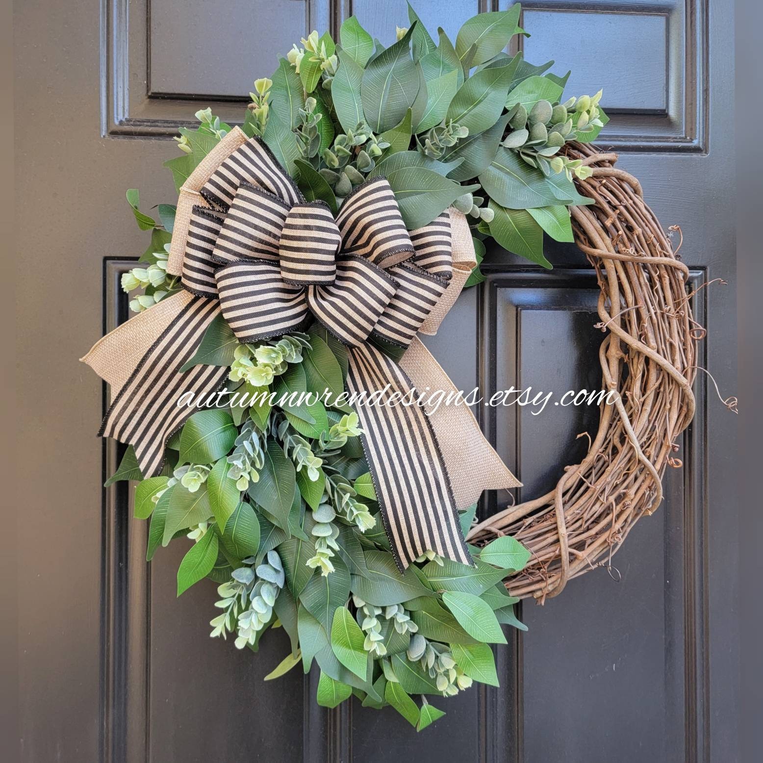 Greenery Wreath Year Round, LARGE 21 Eucalyptus Wreath for Front Door,  Everyday Wreath, Year Round Farmhouse Wreath With Black Striped Bow 