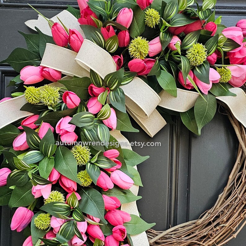 Pink Tulip Wreath, Spring Door Decor, Cream Bow Accent, - Etsy