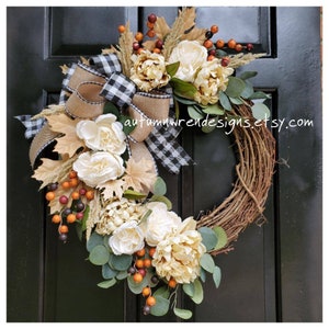 Large 22x28" FALL Wreath, Neutral Cream Wreath with Peonies and Cabbage roses. Orange Berries, Black Check Wreath, Fall front Door Decor