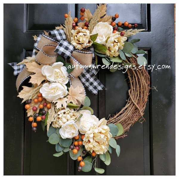 Large 22x28" FALL Wreath, Neutral Cream Wreath with Peonies and Cabbage roses. Orange Berries, Black Check Wreath, Fall front Door Decor