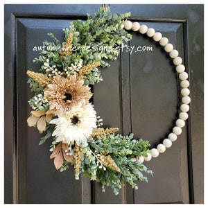 Neutral Wood bead HOOP Wreath, Modern Wreath with Eucalyptus Greenery, Bead Wreath for Front Door, Gift