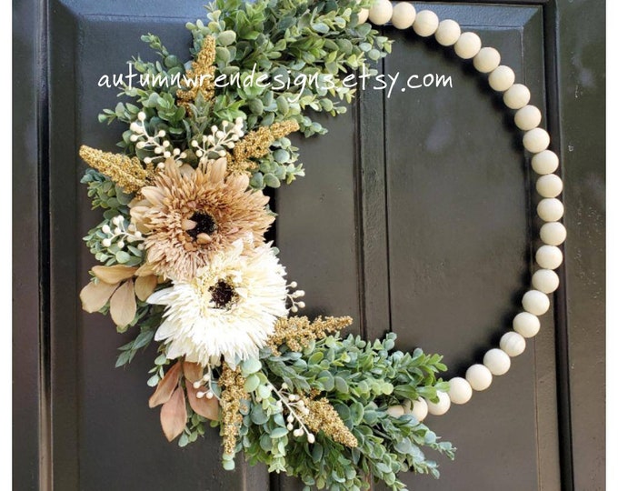 Neutral Wood Bead HOOP Wreath, Modern Wreath With Eucalyptus Greenery