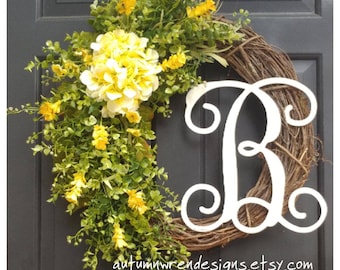 SPRING SPRING Wreaths, Yellow Hydrangea and Greenery Wreath, Eucalyptus Wreath,  Hydrangea Wreath, Spring Door Wreath, Gift