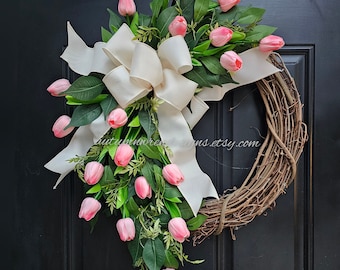 Pink Tulip Spring Wreath, Cream Bow, Front Door Decor,