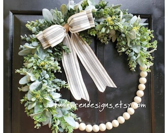 YEAR ROUND Wood bead HOOP Wreath, Modern Hoop Wreath with Lambs Ear and Eucalyptus Greenery, Hoop Wreath for Front Door,  Wood bead wreath