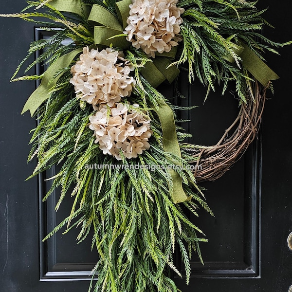 Extra Large 26x32 Year round Hydrangea Wreath, Cream Door Wreath with bow, Neutral door wreath,