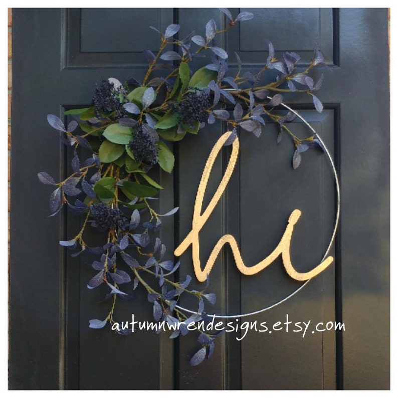 Modern HOOP Wreath with Blue Leaves Hi Sign, Front Door Wreath with hi sign, Modern Hoop Wreath for Front Door, Wreaths, Gift image 1