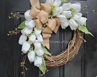 Spring Tulip and Willow Greenery Wreath, Neutral Spring Wreath for Front Door, White Tulip Wreath, Willow branches, Spring Farmhouse decor