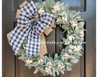 Large Year Round Lambs Ear Wreath, Farmhouse Door Wreath, Lambs ear and cotton wreath, Buffalo Check Door Wreath, Everyday Wreath, Gift