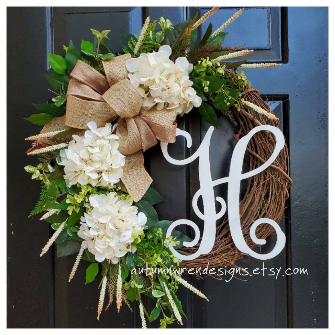 LARGE Everyday Door Wreath, Cream Hydrangea Wreath with Eucalyptus, Mixed Greenery Wreath, Monogram Door Wreath, Gift