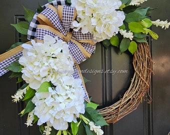 Farmhouse Door Decor with Cream Hydrangeas, Greenery and Wildflowers, Black Buffalo Check Bow Door Wreath,  Wreaths, Gift,  Mothers day gift
