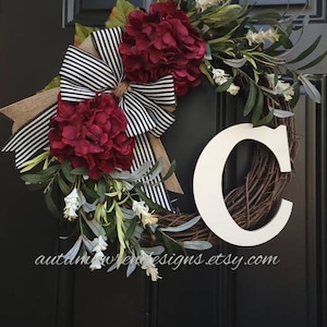 Year Round Door Wreath, Patriotic Farmhouse Hydrangea Wreath with Olive Leaves and Black Striped burlap bow, Everyday Wreaths for Front Door