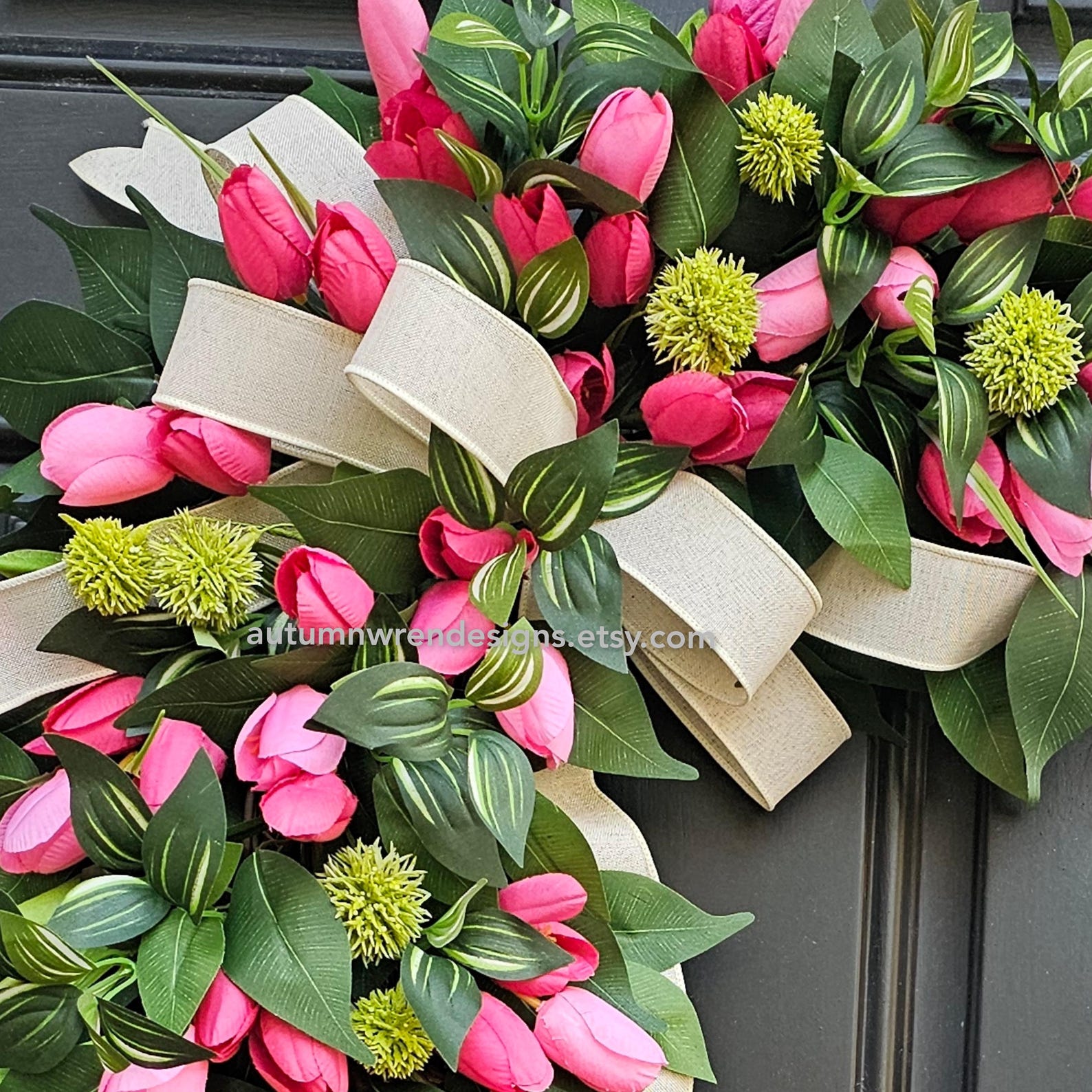 Pink Tulip Wreath, Spring Door Decor, Cream Bow Accent, - Etsy