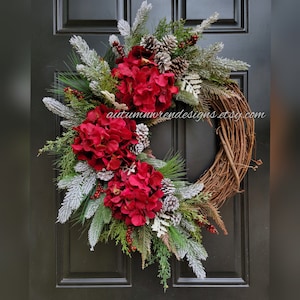 Large Christmas Winter Wreath, Red Hydrangea Door Wreath, Christmas Greenery Wreath for Front Door, Large Hydrangea Wreath, Gift