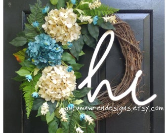 Spring Door Wreath with Turquoise Blue and Cream Hydrangeas, Blue door wreath,  Everyday Door Wreath,  Year Round Wreath, Mothers day gift