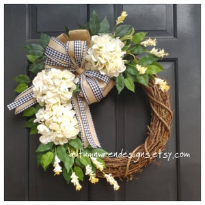 Year Round Buffalo Check Farmhouse Door Wreath with Cream Hydrangeas, Mothers day gift, Everyday Black Buffalo Check Bow Door Wreath, Gift image 2