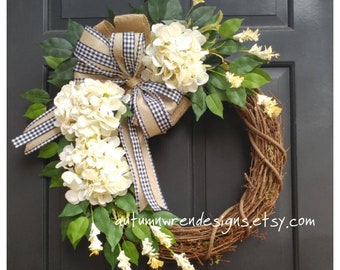 Farmhouse Door Decor with Cream Hydrangeas, Greenery and Wildflowers, Black Buffalo Check Bow Door Wreath,  Wreaths, Gift