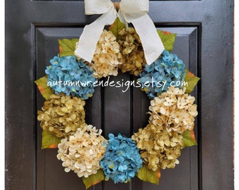 Large Spring Hydrangea Wreath, Turquoise blue green and cream wreath, Year round door wreath, Summer Hydrangea Door Decor, Mothers Day gift