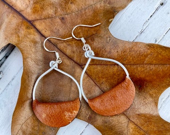 Brushed Silver Leather Earrings Boho Dangle Earrings Silver Leather Hoop Earrings Silver Leather Crescent Hoop Earrings