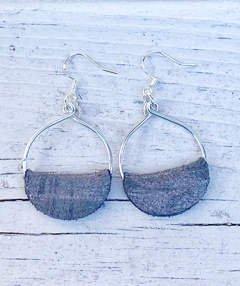 Brushed Silver Leather Earrings Boho Dangle Earrings Silver Leather Hoop Earrings Silver Leather Crescent Hoop Earrings