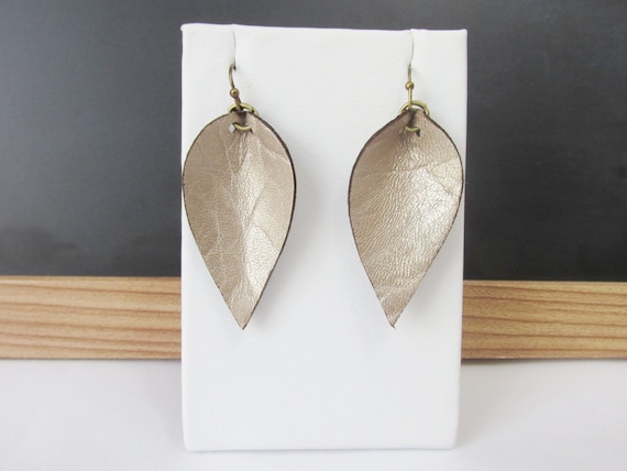 Joanna Gaines Inspired Boho White on Rose Gold Leather Earrings: Leafs Lightweight Statement Earrings Double Layer Leather Earrings