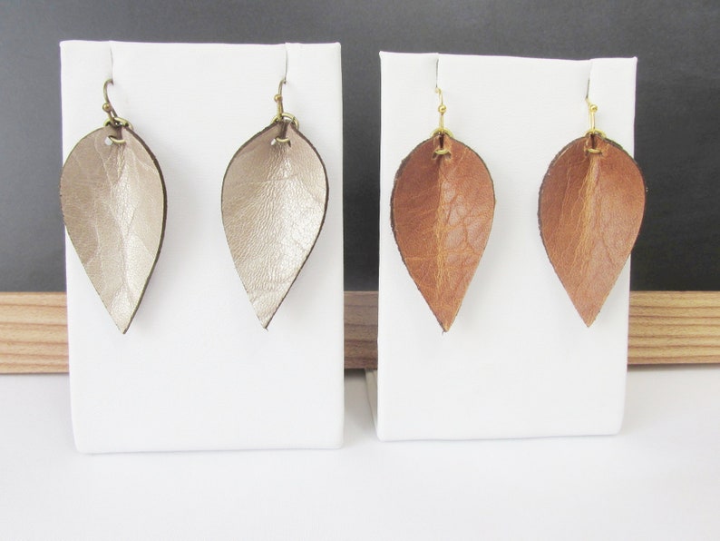 Small Champagne Gold Leather Leaf Earrings Joanna Gaines Inspired Soft Gold Leather Earrings Leather Petal Earrings Boho Earrings