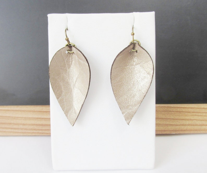 Small Champagne Gold Leather Leaf Earrings Joanna Gaines Inspired Soft Gold Leather Earrings Leather Petal Earrings Boho Earrings