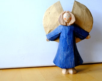 Wooden angel in a blue dress, 15 cm