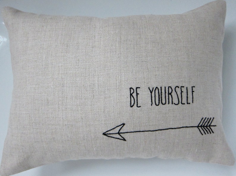 Hand-Embroidered Be Yourself Saying on 100/% Natural Unbleached Linen 12 x 18 Lumbar Pillow Cover