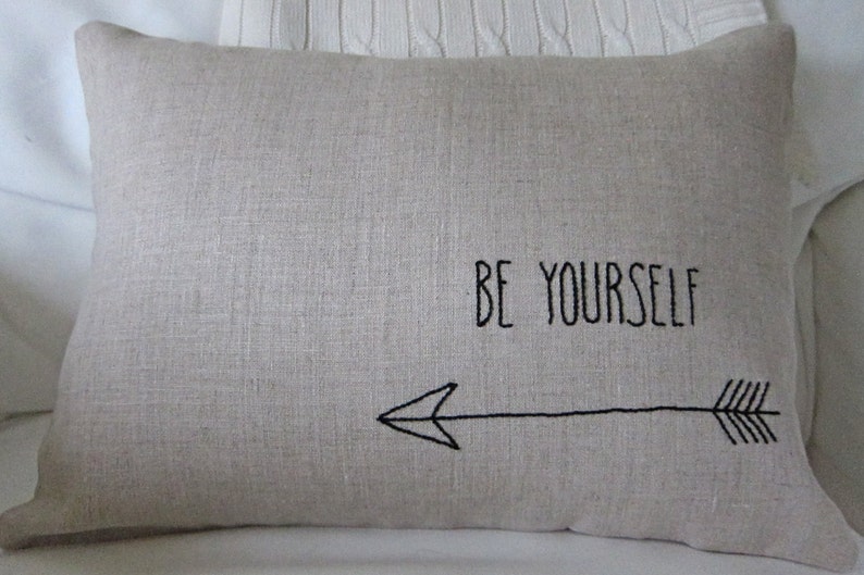 Hand-Embroidered Be Yourself Saying on 100/% Natural Unbleached Linen 12 x 18 Lumbar Pillow Cover
