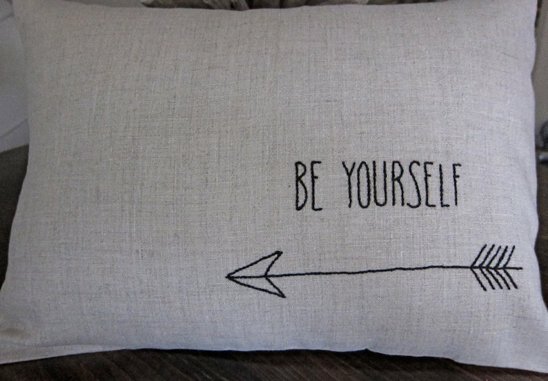 Hand-Embroidered Be Yourself Saying on 100/% Natural Unbleached Linen 12 x 18 Lumbar Pillow Cover