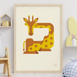 Póster minimalista de jirafa para habitación infantil. Póster de animales para niños pequeños. Ilustración de animales para niños.