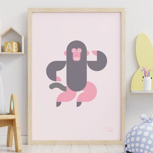Póster minimalista de mono para habitación infantil. Póster de animales para niños pequeños. Ilustración de animales para niños