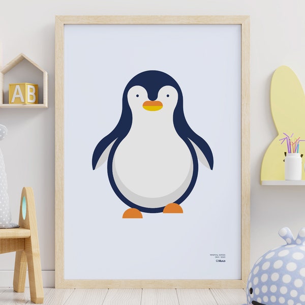 Póster minimalista de pingüino para habitación infantil. Póster de animales para niños pequeños. Ilustración de animales para niños.